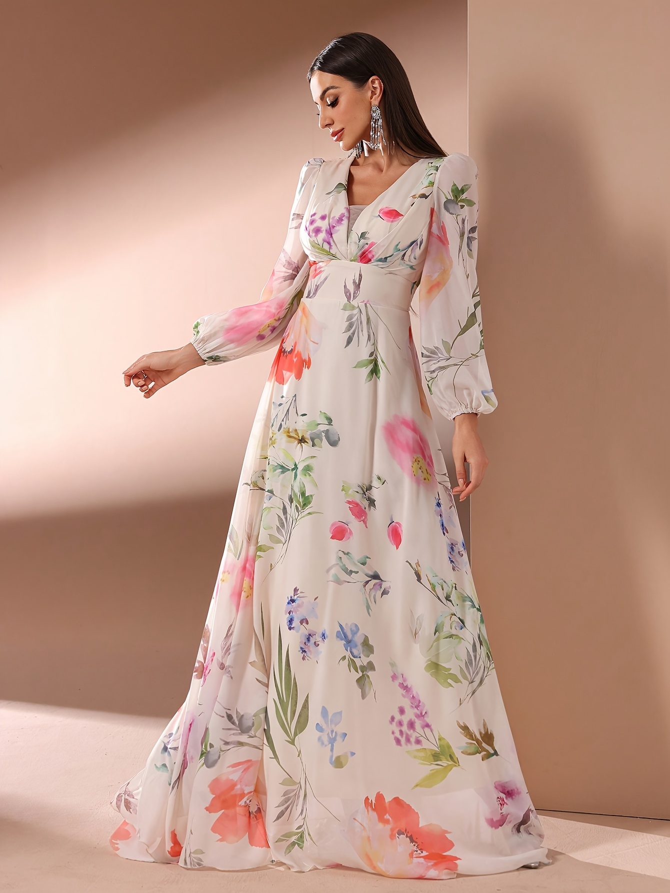 womens colorful floral print long sleeve maxi dress casual - Temu Mauritius