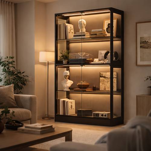 rgb display cabinet with rgb adjustable glass shelves 4 tier modern glass storage case suitable for collectibles figures books modern shelf with tip rgb