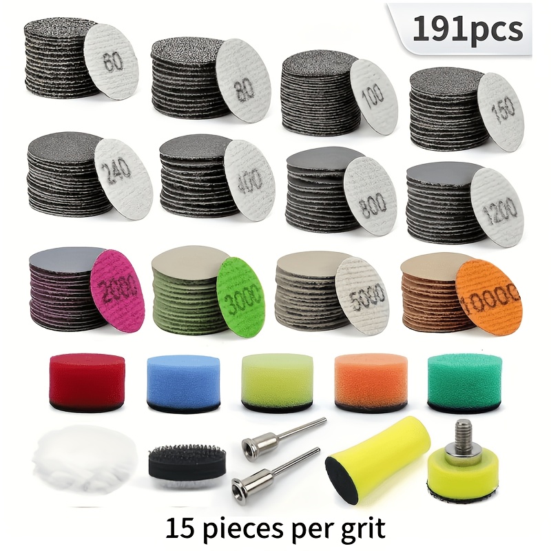 TEMU Disques de ponçage 1 pouce, 131/191 pièces, gamme de grains de 60 à 10000, utilisation double sec et humide. Équipés de plaquettes de support de