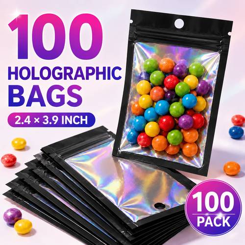 100pcs holographic mylar bags with window resealable smell proof bags 2 4 x 3 9in for candy snacks coffee herbs water beads button badges pins needles thread and small business packaging