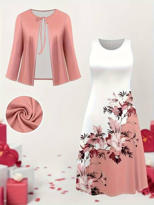 womens fashion 2pcs suit long sleeve stitching small open front and floral print dress machine washable outfit