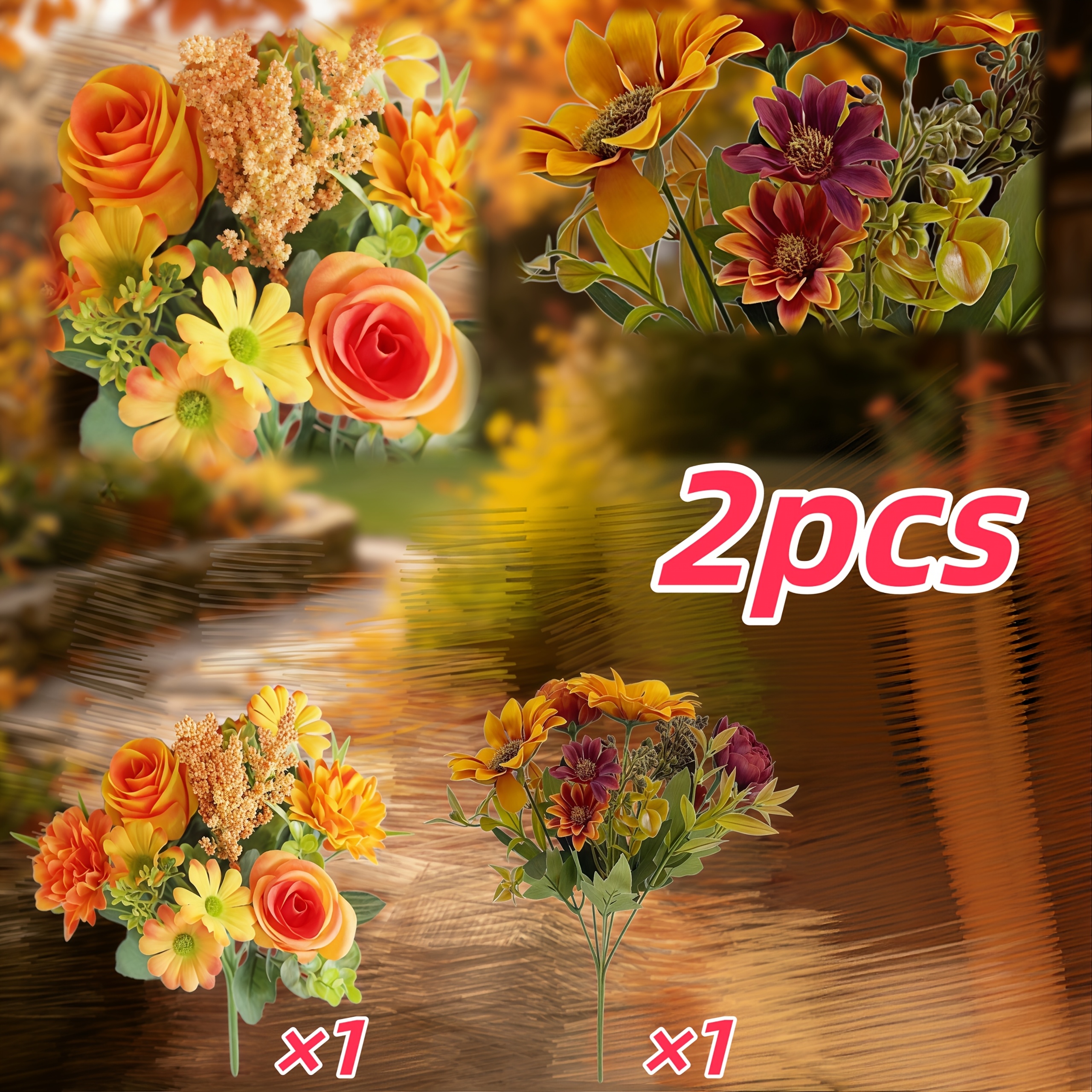 TEMU High-end Autumn Colors Mixed Artificial Bouquet - 2pcs - Peony, Rose, Dahlia, Sunflower, Daisy, Wheat, Eucalyptus, Wheat Embellishment, Green
