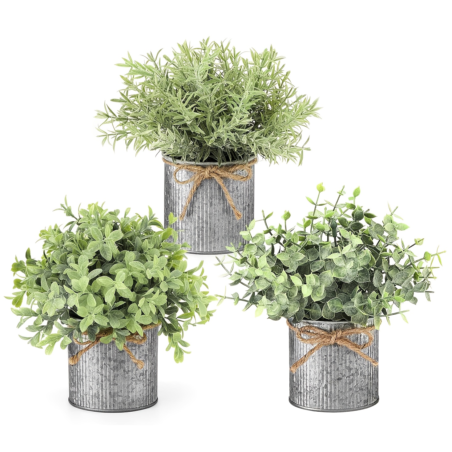 

Pots Of Mini Artificial Plants In Galvanized Metal Bowls For Rustic Home Decor, Featuring Potted Eucalyptus Trees Suitable For Indoor Dining Rooms And Offices.