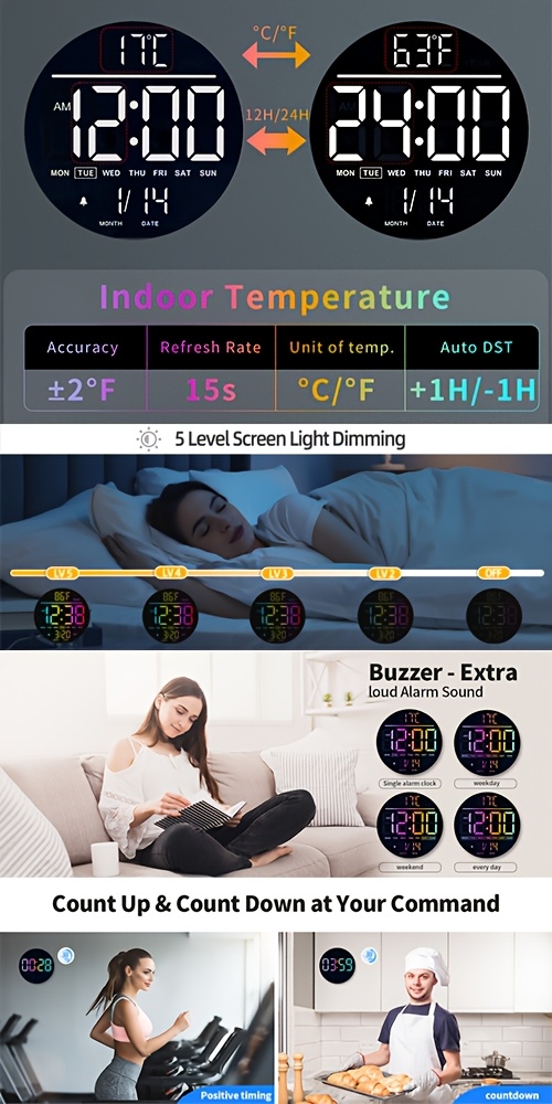 25.65 cm skaitmeninis sieninis laikrodis su dideliu ekranu, sezoninis, sienų dekoras, 8 RGB spalvų LED naktinė lemputė su nuotolinio valdymo pulteliu, automatinis ryškumas, pritemdymas, DST, datos savaitė, 2 žadintuvai, temperatūra, apvalus laikrodis Velykoms, Tėvo Motinos dienos dovana, 2*AAA neįtraukti