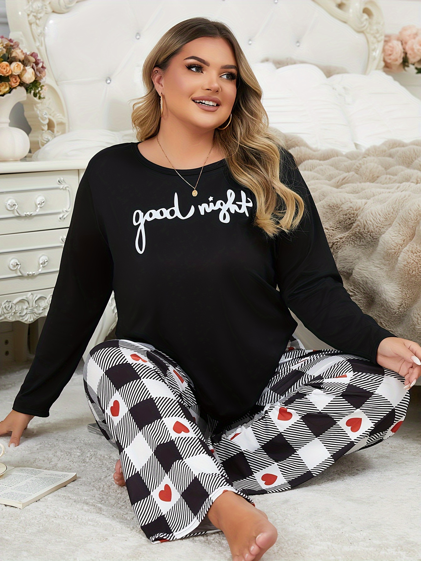Conjunto de pijama para mujer talla plus, camiseta de larga con letra  &*;* noches&*;, pantalones de estampado de corazones y cuadros, ropa de d