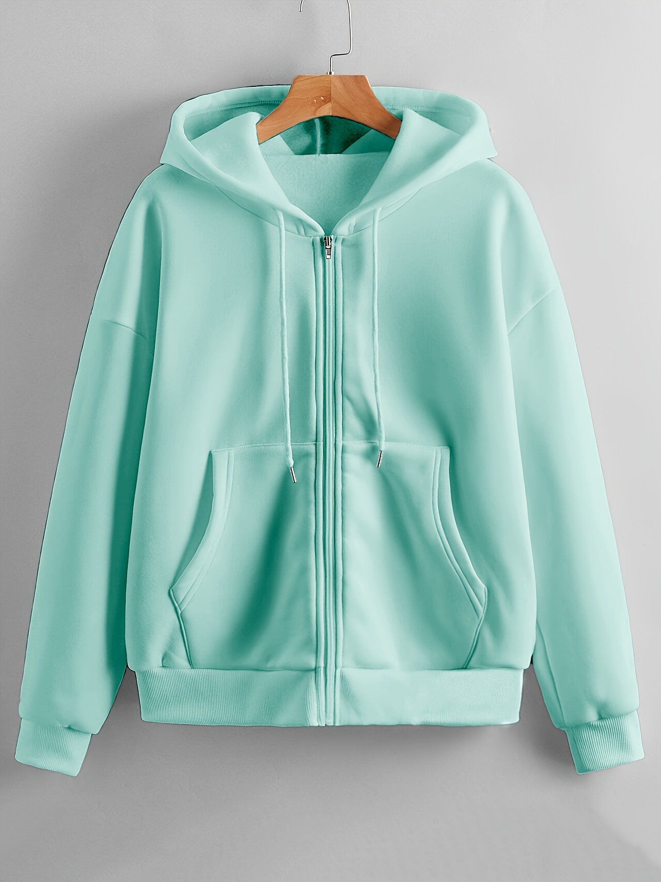 Women'* Mint Green Casual Hooded Sweatshirt Long Sleeve, Drawstring,  Zip-Up, Loose Fit, Thick Fleece-Lined, Solid Color Fall/Wint