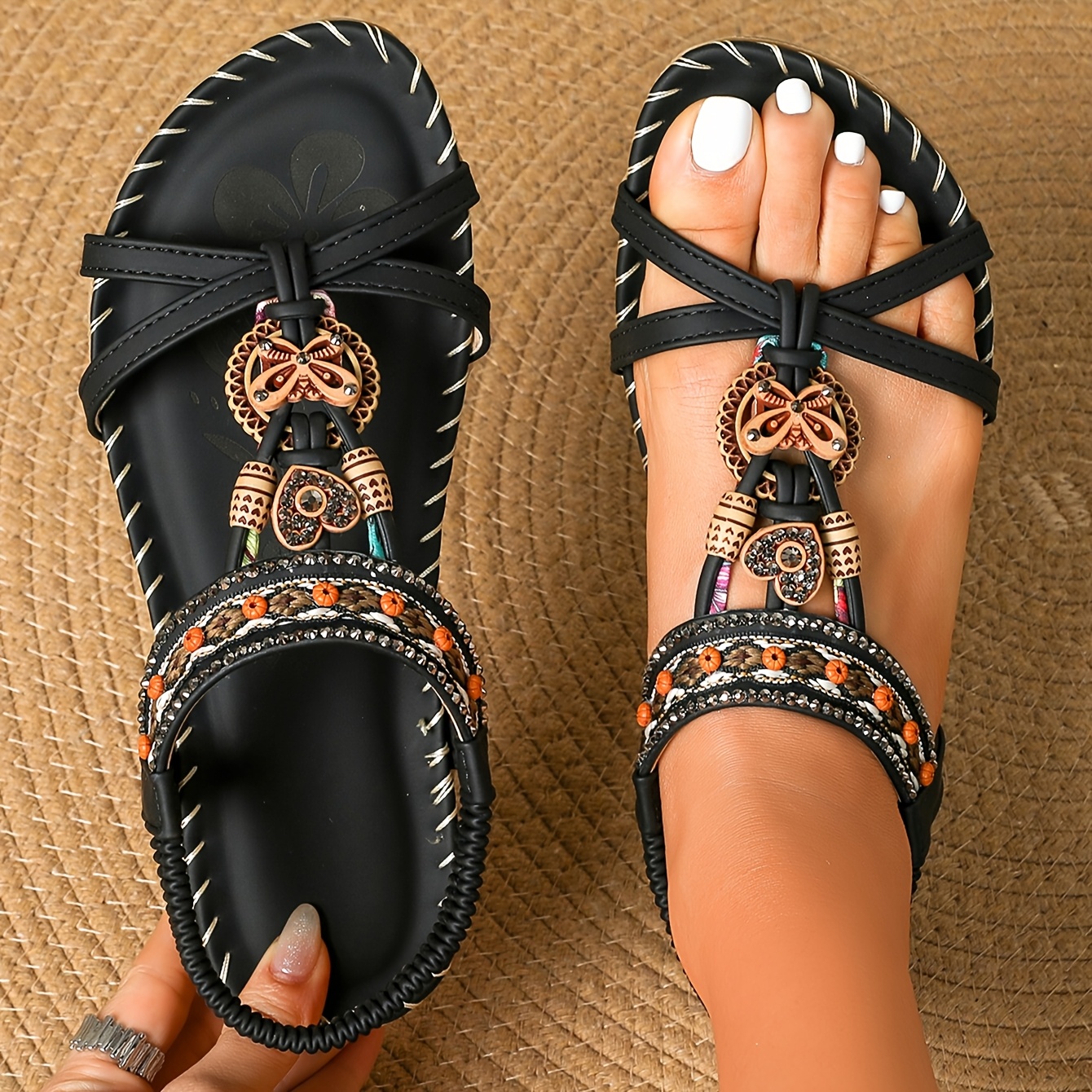 

-chic Women's Summer Sandals With Rhinestone Accents, Braided Detail, And Ankle Strap - Flat Sole, Cover, Bohemian Style, Woven