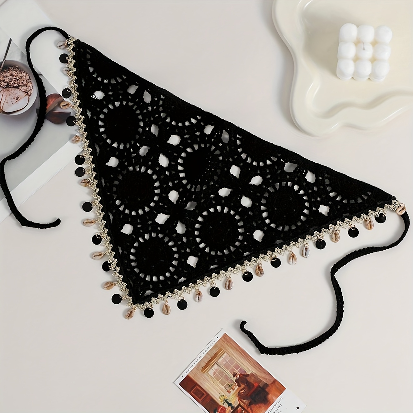 TEMU 1pc Women's Ocean Seashell Tassel Knitted Crochet Hollow-out Tassel Lace Triangle Bandana Headband, Suitable For Daily Wear, Sports, And Beach