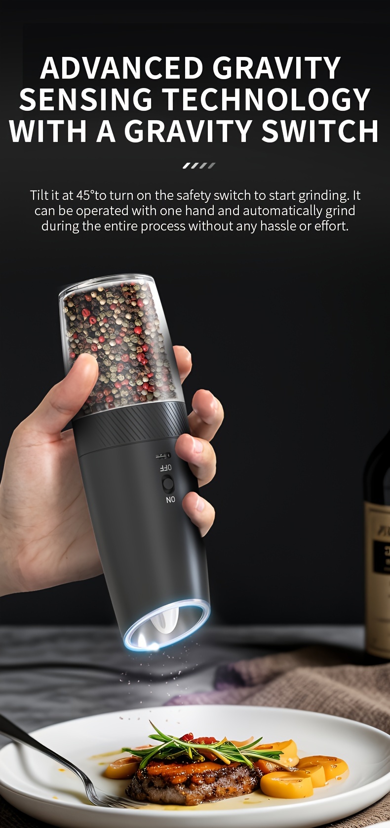 gravity electric salt and pepper grinder set usb rechargeable with built in 300mah lithium battery abs material one handed operation ideal for christmas and halloween single or   option details 2