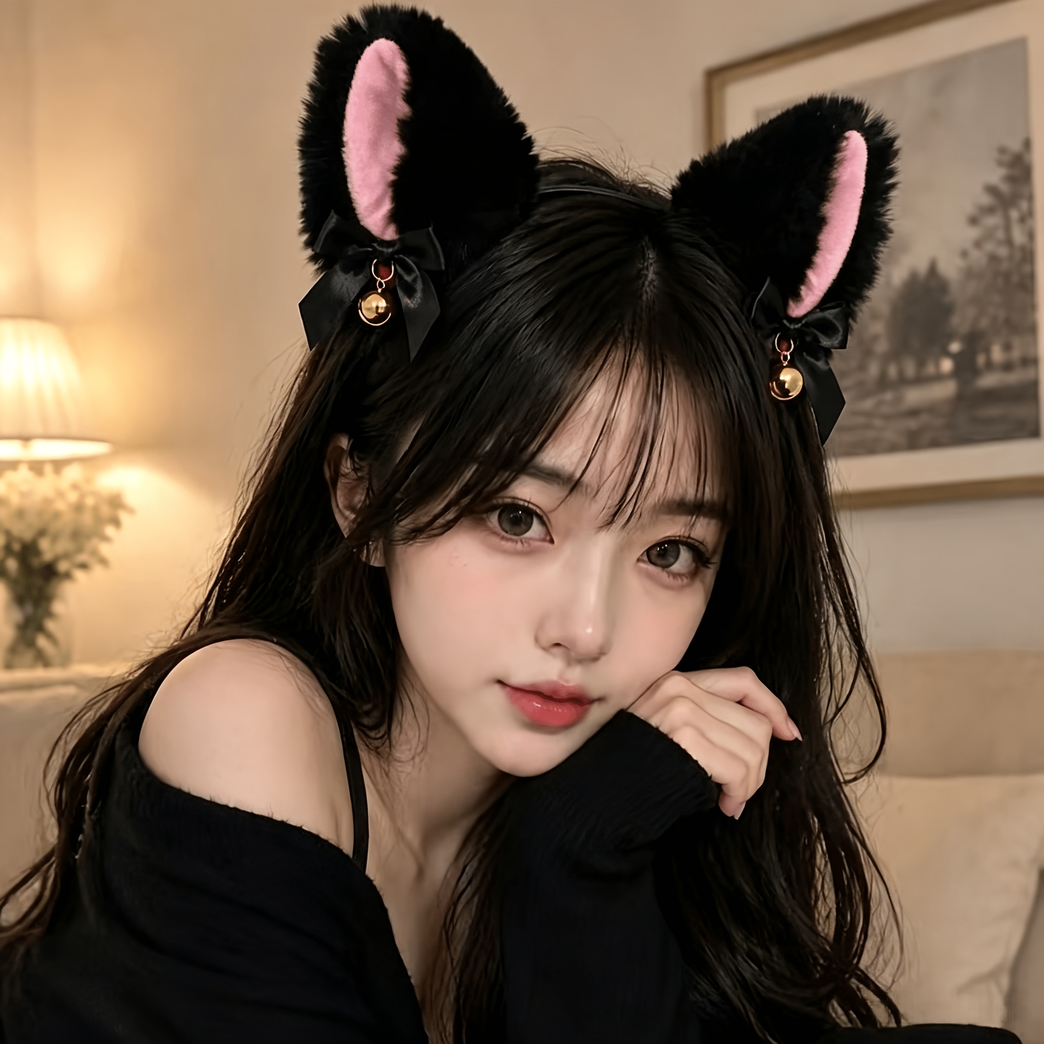 TEMU Halloween Plush Cat Ear Headband Black Red Cosplay Hair Hoop Cute Anime Costume Party Hair Accessory Women