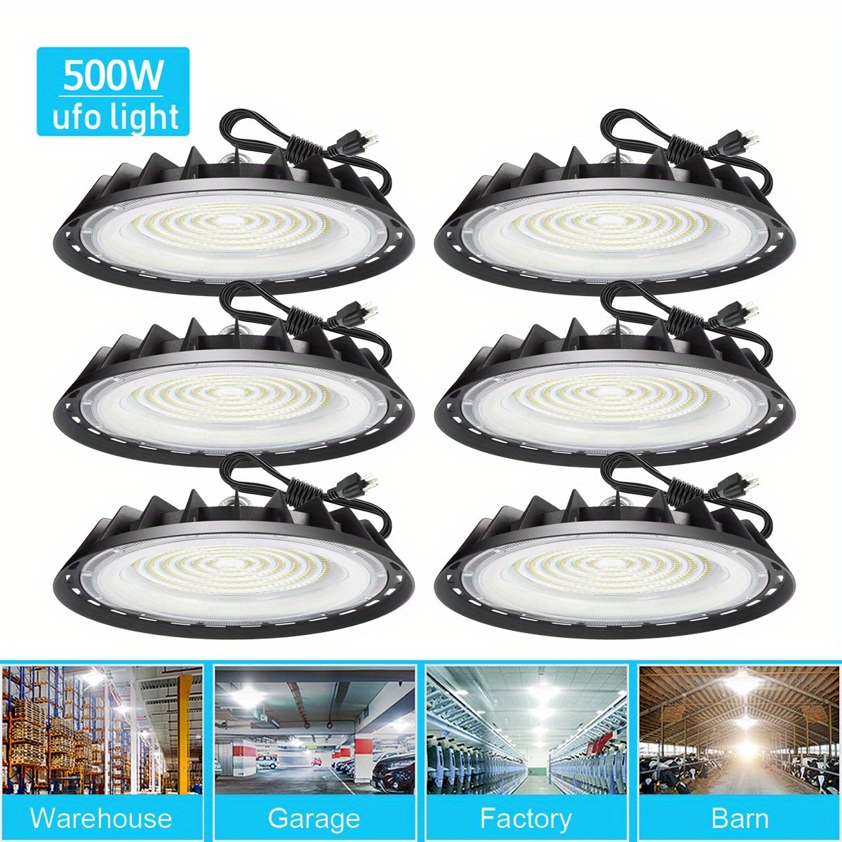 TEMU 6pcs 500w Ufo Led High Fixture, 90-277v, High Bay Led Shop Lights, Cold White 6000k With 4ft Us Plug, Ip65 Lighting For Warehouse Factory Barn