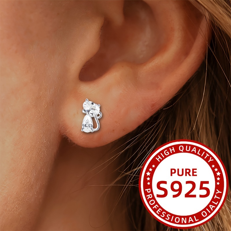

925 Sterling Silver Cat Women's Stud Earrings Personality Cute Hypoallergenic Kitten Studs