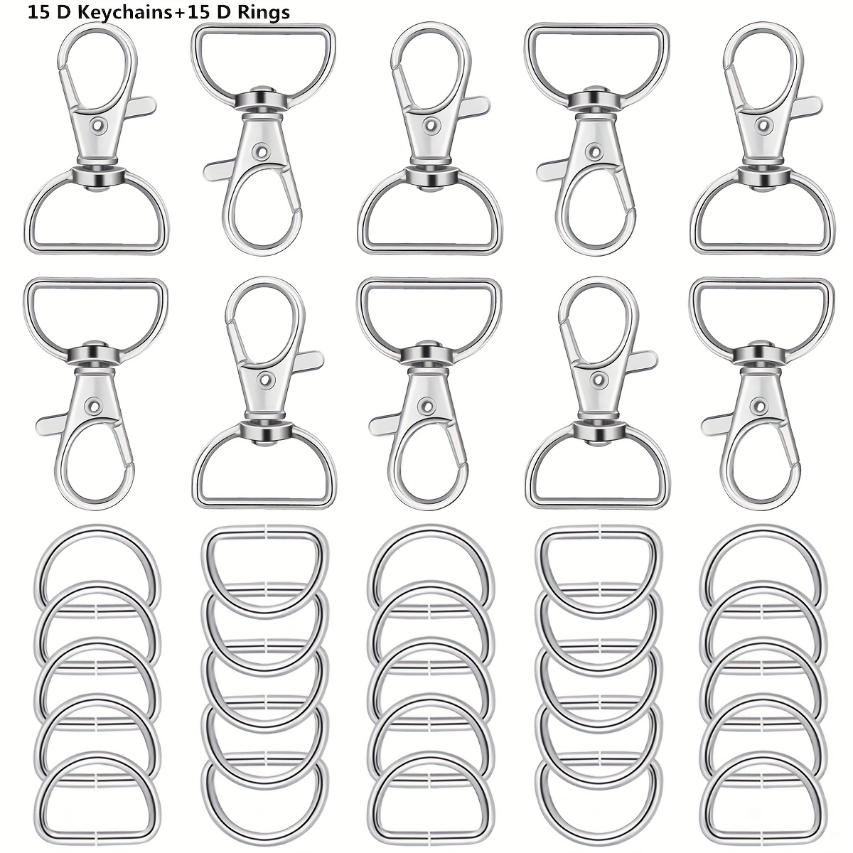 Image of 15/30 Sets D Shaped Keychains And D Rings, Including 15/30 Sling Hooks And 15/30 Metal D Rings, Swivel Hook Craft Suitable For Backpacks And Pet Leashes Handbags, Straps, Backpacks