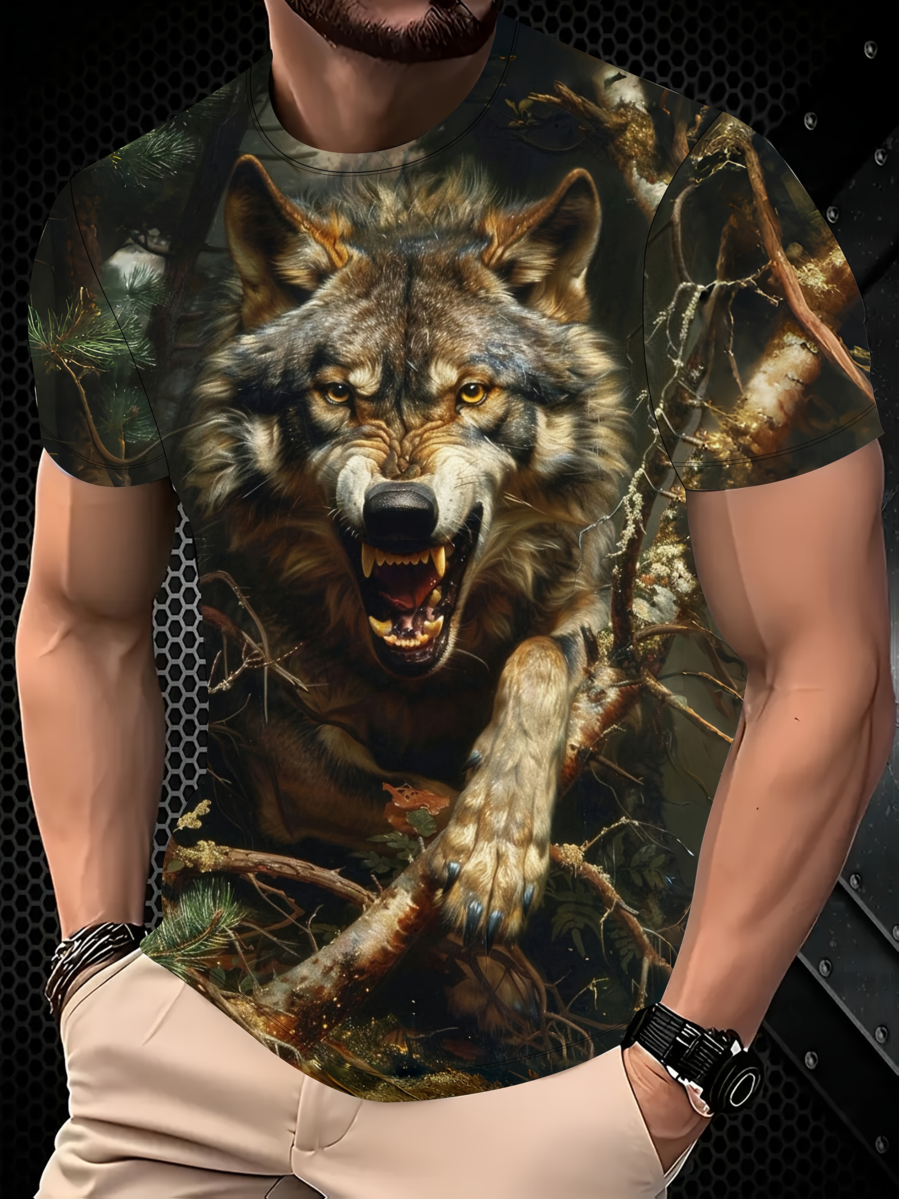 herren t-shirt mit 3d-wolf-druck - lässiges kurzarm-design aus atmungsaktivem polyester-mischgewebe für sommer-aktivitäten im freien, regular-fit, rundhalsausschnitt, geometrisches muster, kein gürtel, brustpolster, lässige kleidung|kraftvolles grafik-t-shirt|stretch-stoff 0
