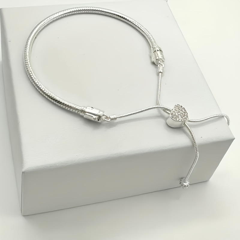 

Pc S925 Silver Bracelet For Women, Adjustable Heart Clasp Snake Chain Slider Bracelet, Diy Charm Bracelet Gift, Jewelry Gift, Christmas, Birthday, Halloween, Thanksgiving Gift