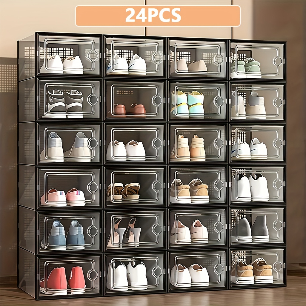 TEMU 24 pièces Étagère à Chaussures Empilable, Rangement pour Bottes et Chapeaux. Étagère à Chaussures -Poussière, Boîtes de Rangement Rectangulaires