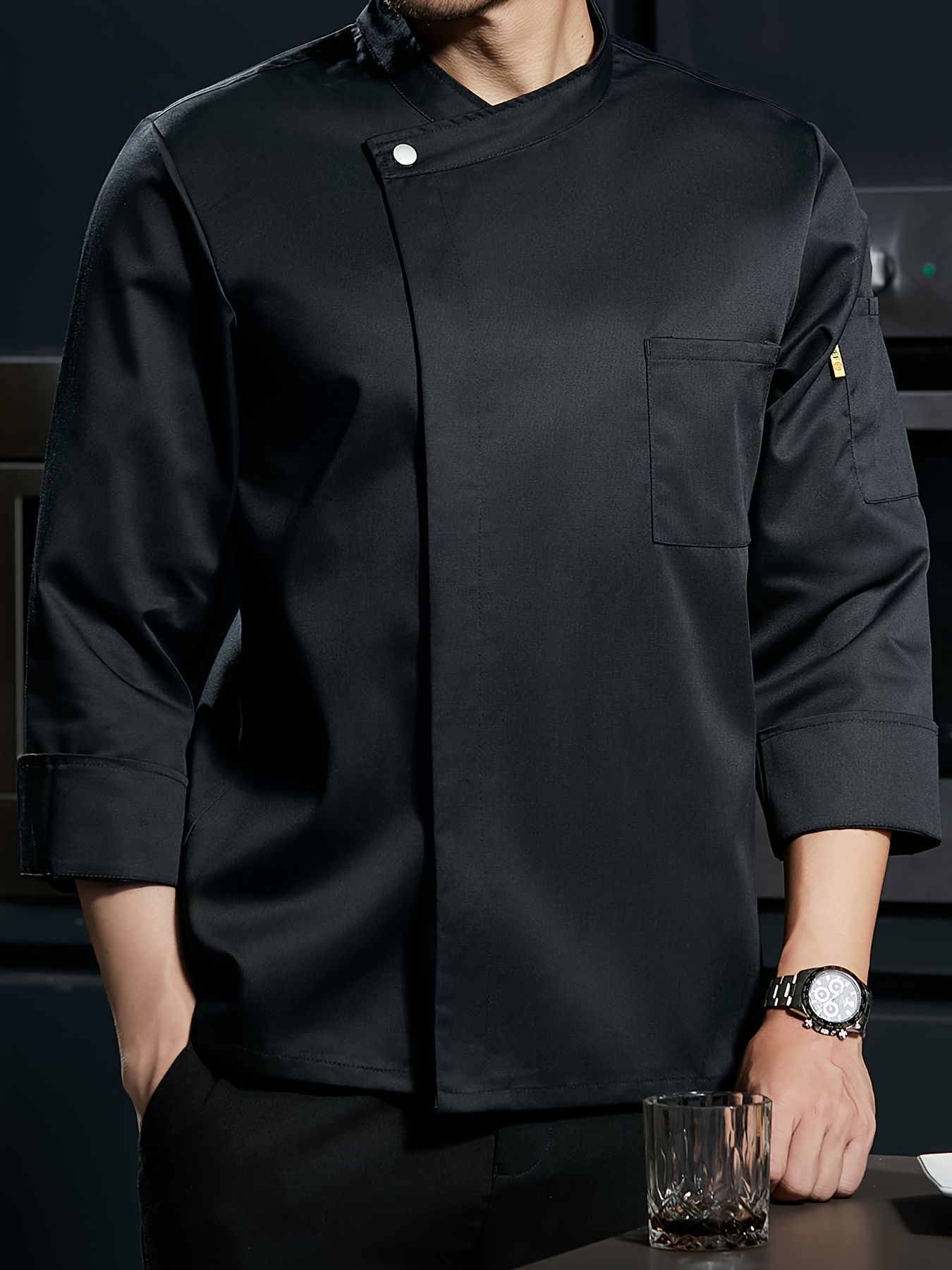 1pc mens long sleeve chef jacket professional black restaurant hotel kitchen uniform with button details machine washable polyester fabric   chefs and bakers hotel kitchen clothing   jacket glossy fabric 0
