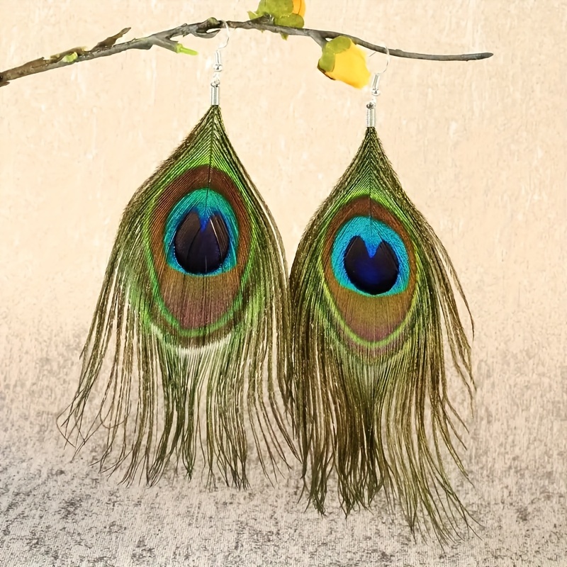 

Bohemian Style Vintage Peacock Feather Earrings, Elegant Statement Dangle Earrings, Retro Boho Chic Fashion Jewelry, Ethnic Festival Accessories