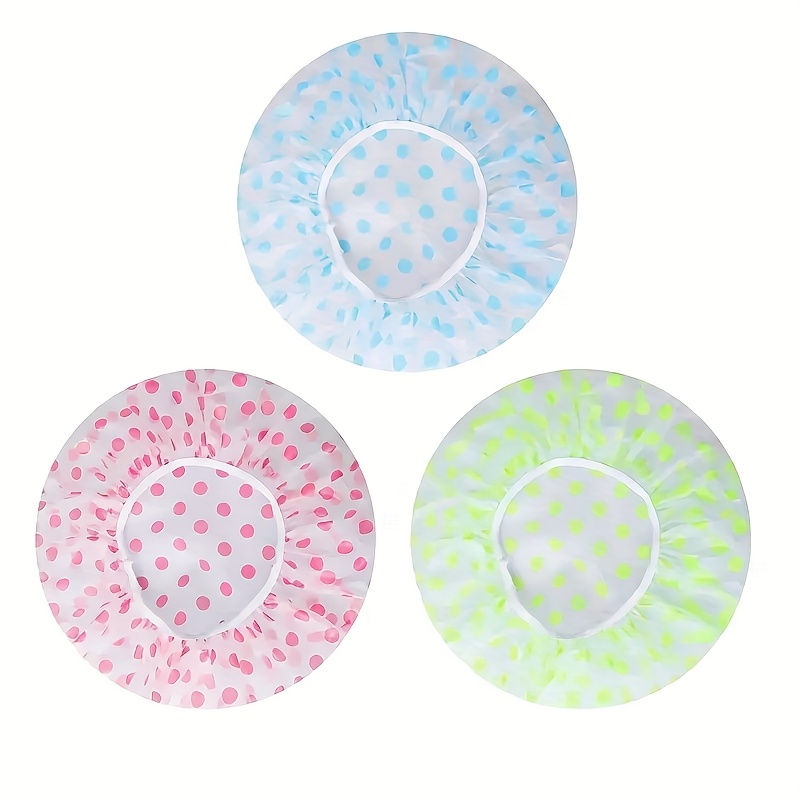 3pcs colorful polka dot shower caps thickened high quality bath hats with elastic band green   patterns for spa salon home use shower accessories details 7