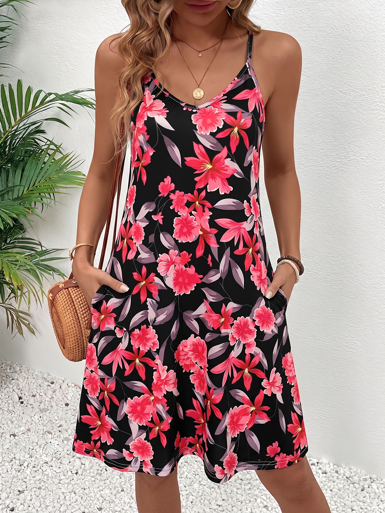 robe à bretelles spaghetti pour femmes, imprimé floral printemps/été, poche design, décontractée et polyvalente,   pour les vacances 0