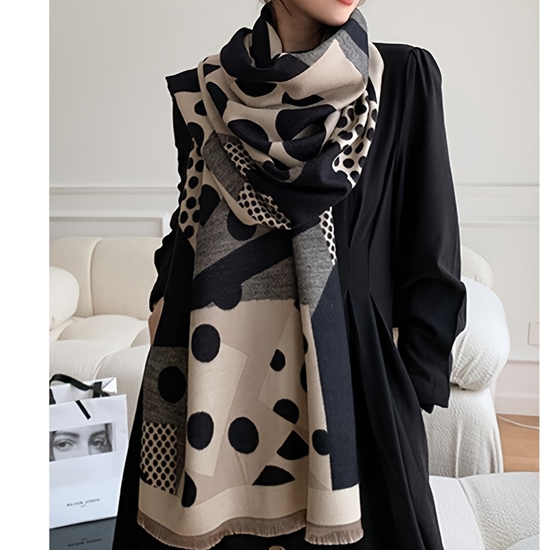 Women's Long White & Black Polka Dot Scarf - Winter Warm White Beige Grey Shawl Wrap, Soft Breathable Non-Elastic White Beige Grey Blowing-in-Wind-like-Effect (Casual & Dressy Outfits) - Versatile for Dresses, Jeans, Skirts