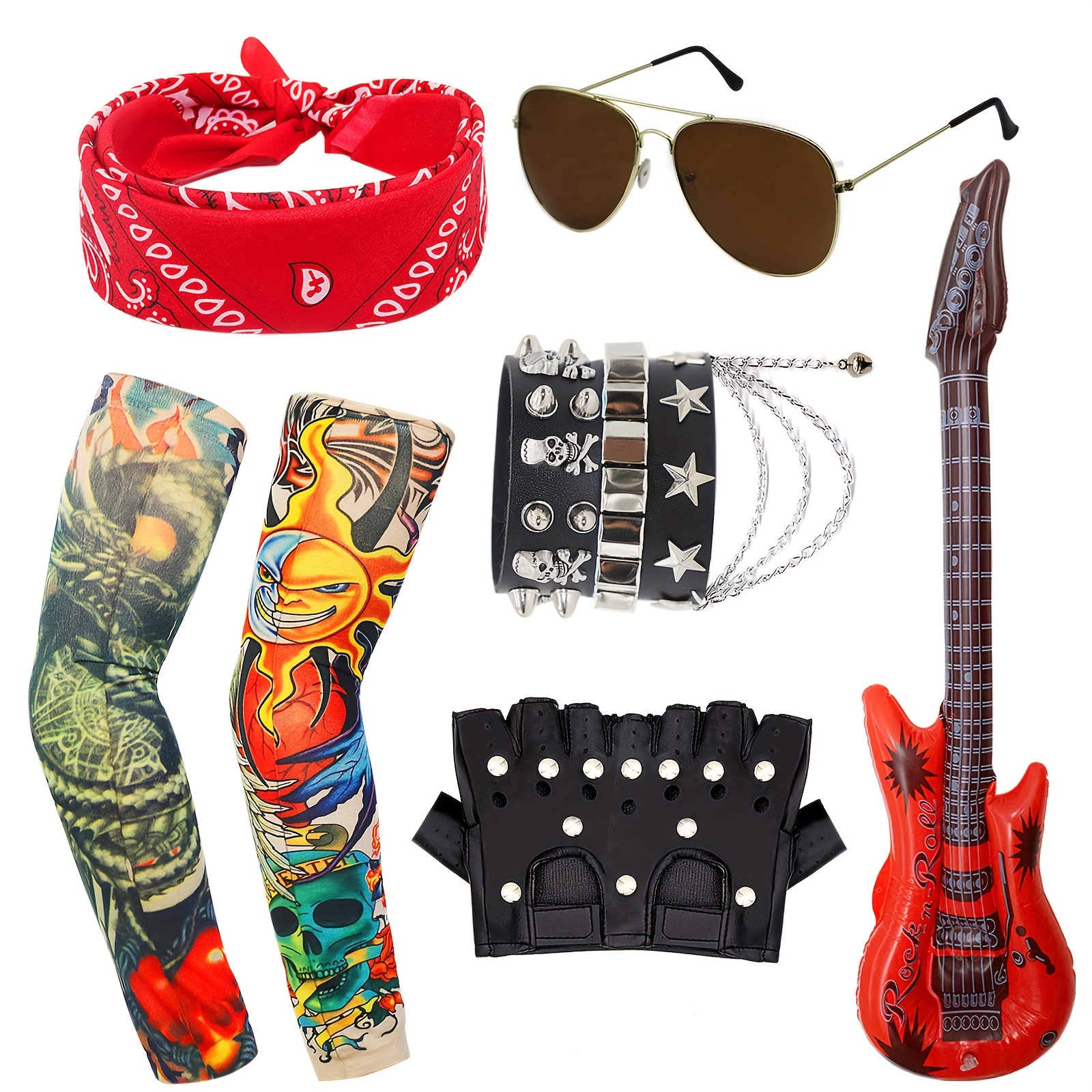 

80s Punk Rocker Costume Set - Retro Glasses, Gloves, Bandana, Fake Tattoo Sleeves, Bracelet, Rings & Inflatable Guitar For Men And Women - Halloween & Disco Parties