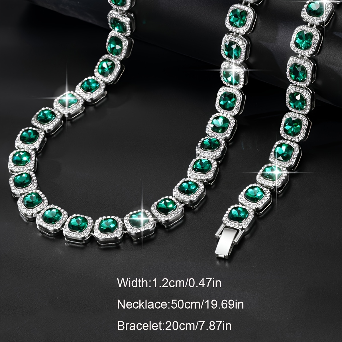 2pcs Stylish Cuban Chain Necklace And Bracelet Set With Sparkling Green Rhinestones, Street Rap Accessories,men's Jewelry Set