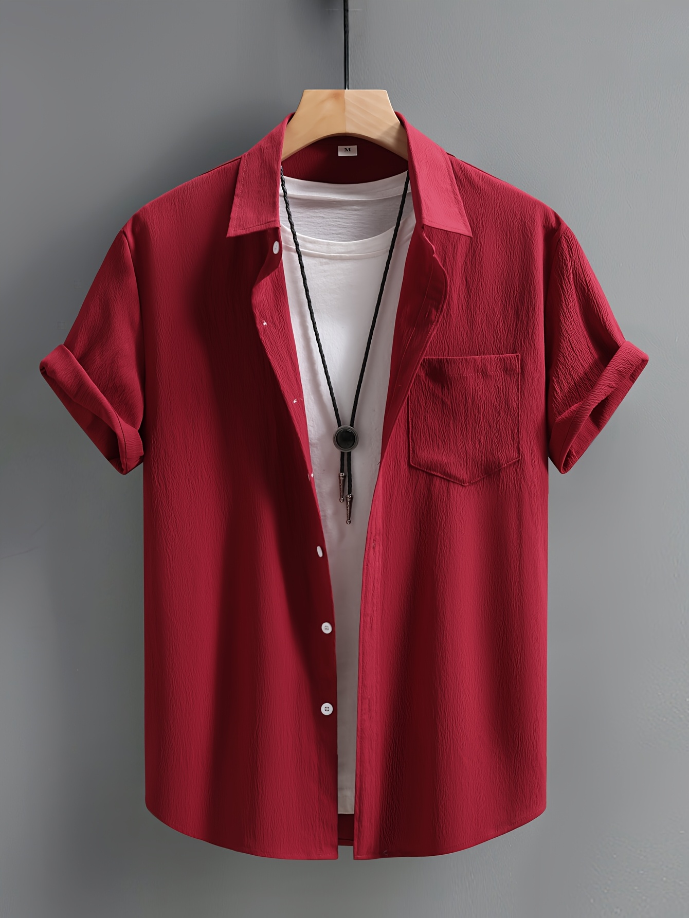 Men's Casual Short Sleeve Button-Up Shirt - Wrinkle-Resistant Polyester, Dark Gray with Collar & Chest Pocket, Lightweight Summer Wear for Everyday Use, Everyday Shirt | Modern Casual Style | Polyester Fabric, Short Sleeve Tops, PLUS SIZE