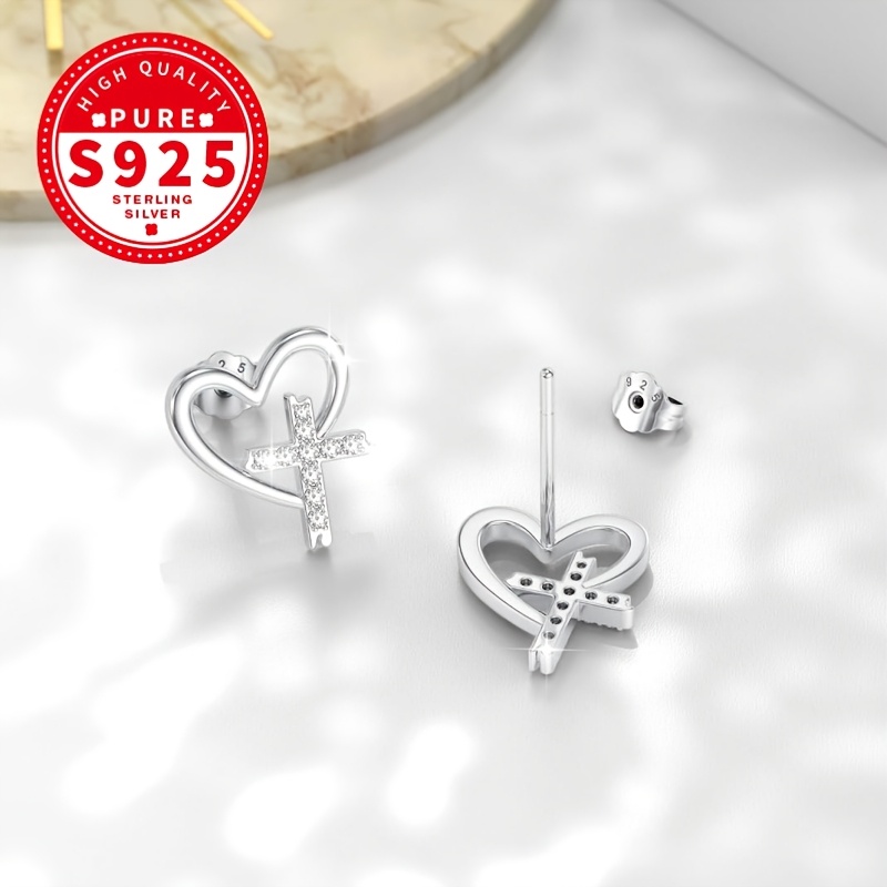 Women's S925 Silver Openwork Heart-Shaped Cross Stud Earrings — Gothic Style