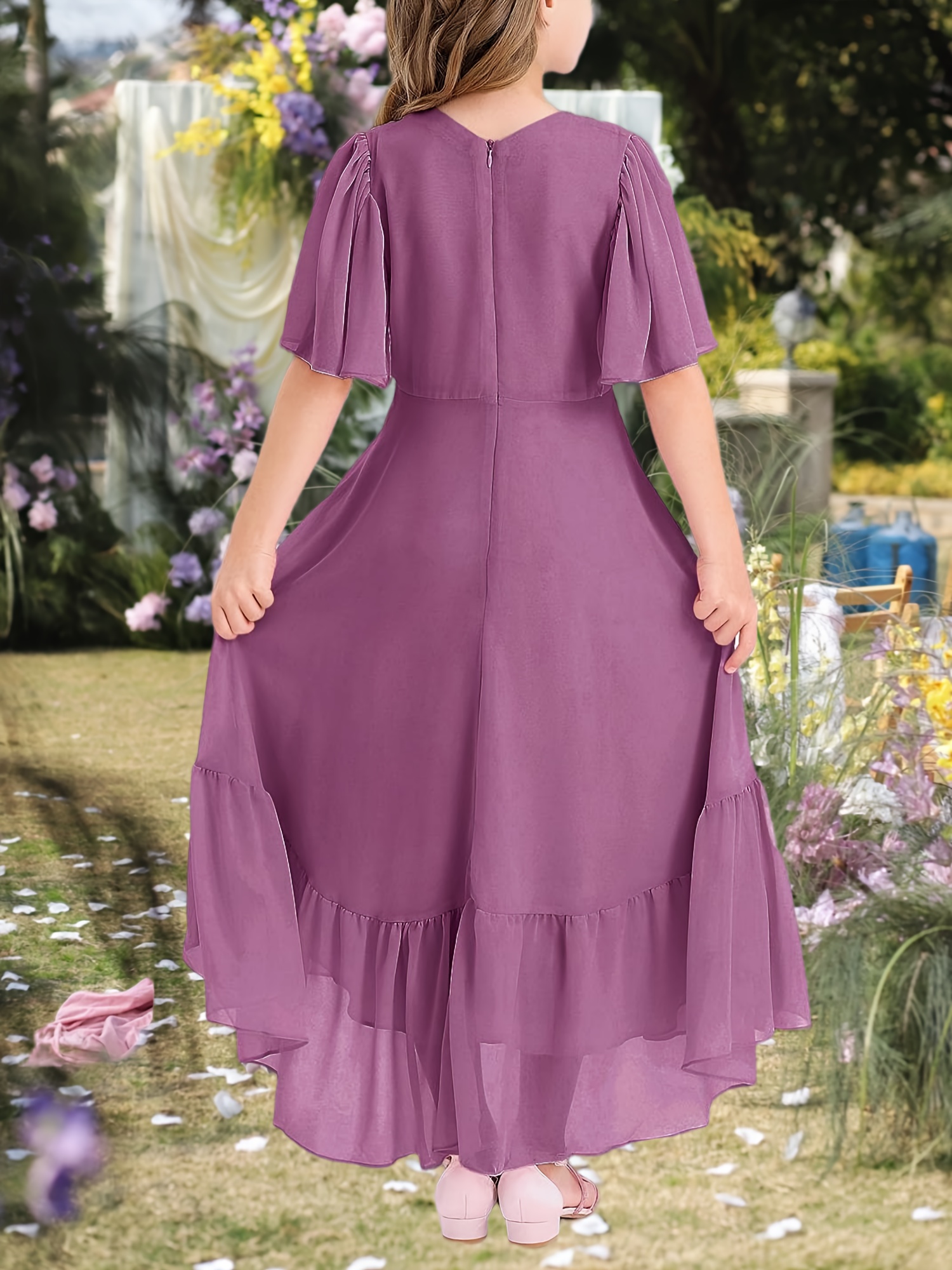 girls junior bridesmaid dress v neck ruffle short sleeve high low formal maxi dress a line flowy party outfit for girls 4 14y Product details 3
