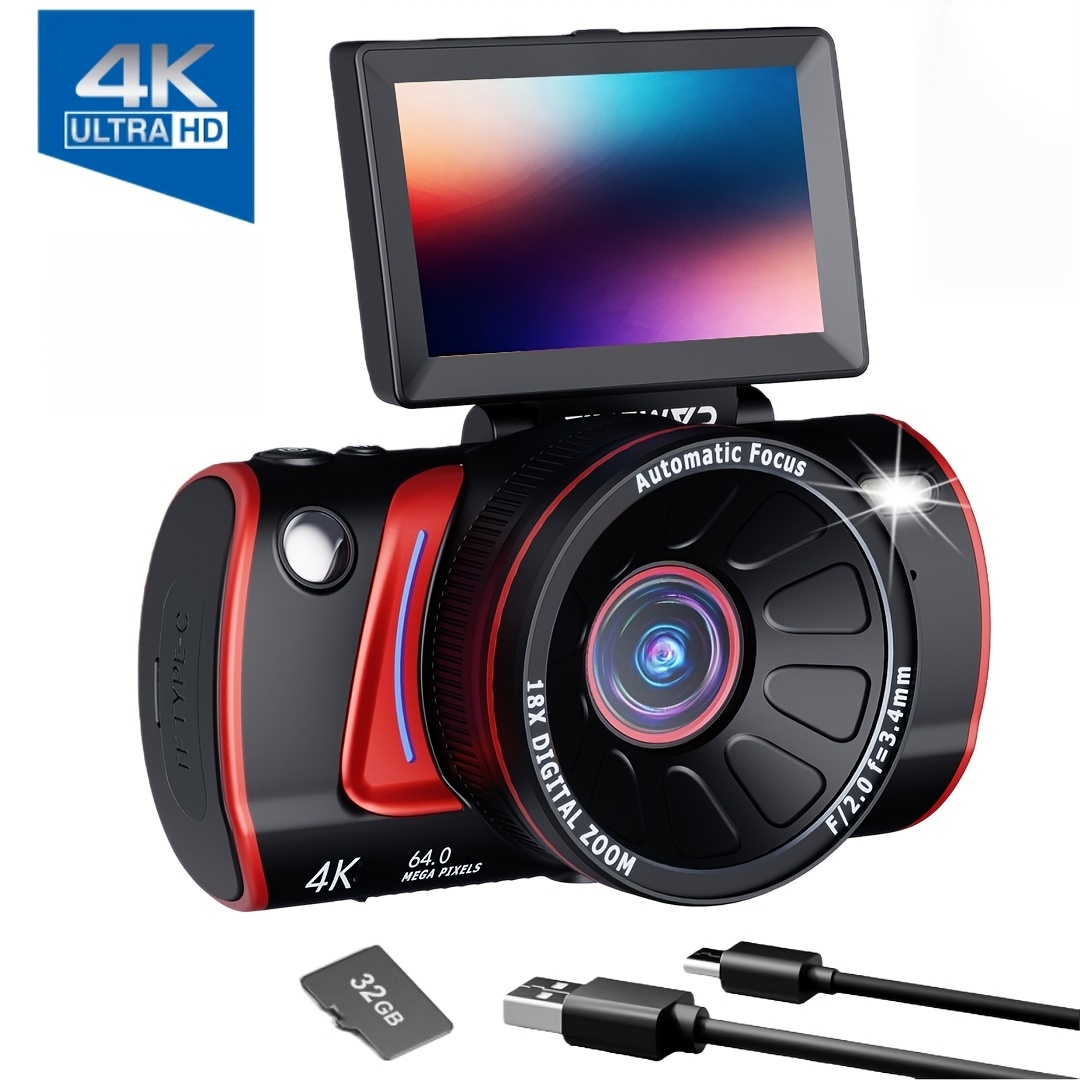 TEMU 4k Digital Camera Flip Screen Suitable For Selfie, 18x Digital Zoom With 50mp Pixels, 1200mah Rechargeable Battery, 32gb Sd Card Included For ,
