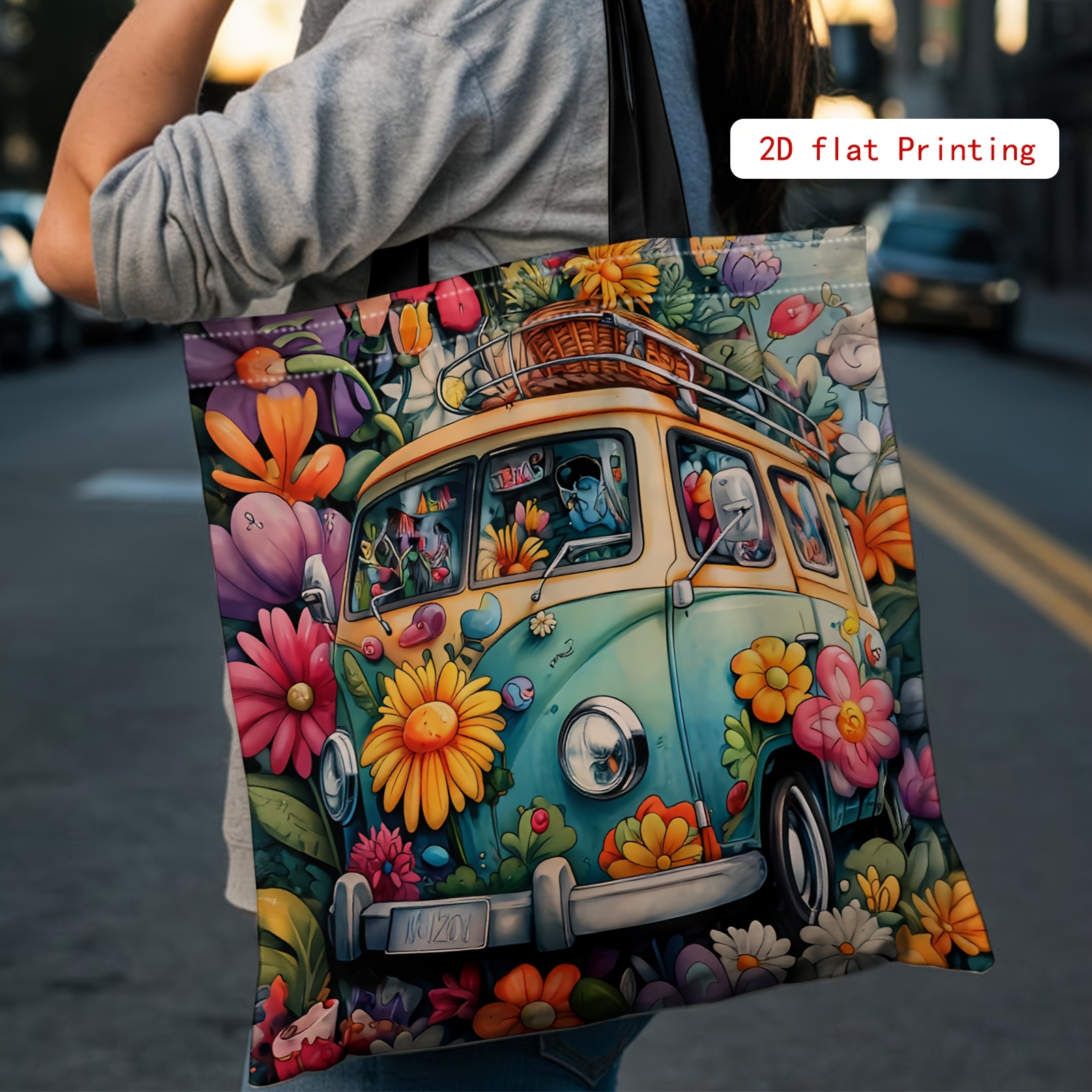 E-shop Weihnachtsgeschenk, 2D-gedruckte Tragetasche, Hippie-Stil, Blumen-Garten, Wiederverwendbare Einkaufstasche, Damen-Schultertasche