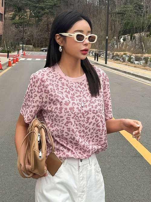 Maglietta Donna Manica Corta Con Stampa Leopardo E Zucca – Autunnale, Girotondo Classico, Grigio, Taglia L
