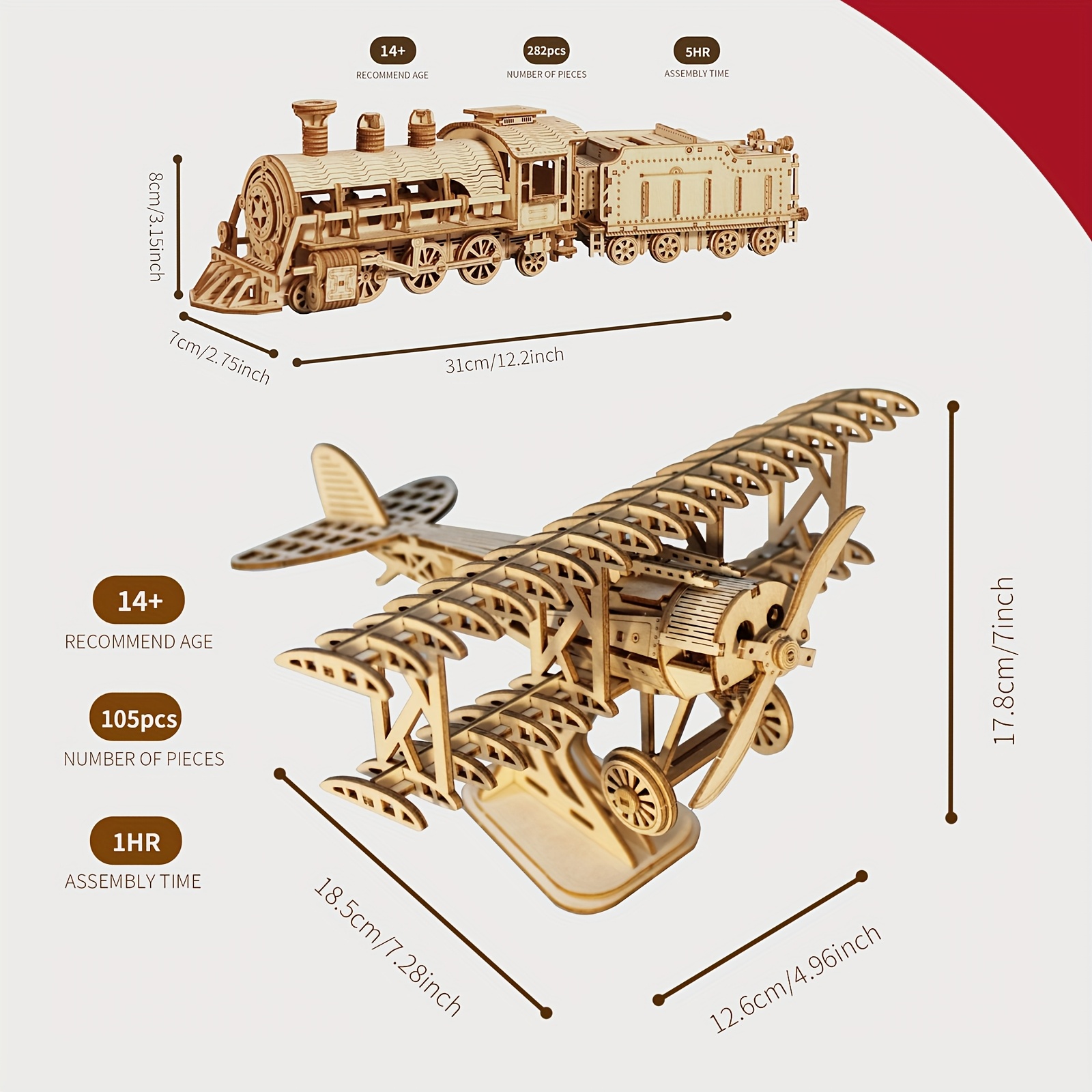 2pcs 3D Wooden Puzzle Mechanical Train and Bi-Plane Model Kits