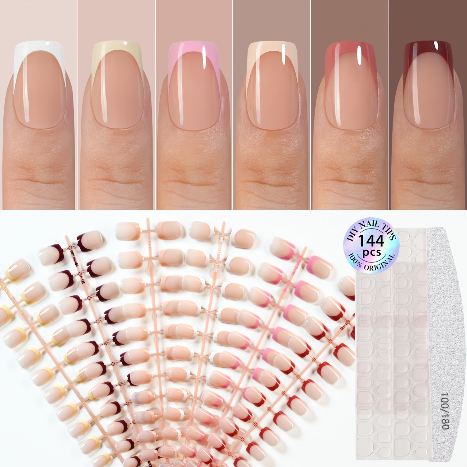 TEMU Questo set di manicure francese classica minimalista da 144 pezzi offre copertura completa, unghie finte press-on in 6 colori: , beige, nude,