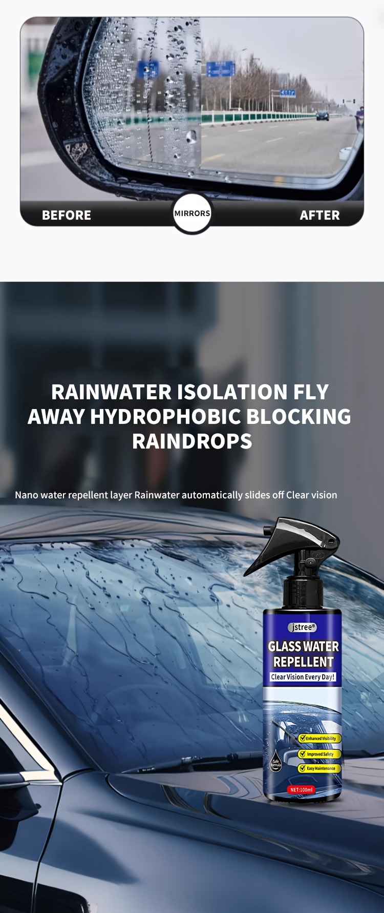   universal glass water repellent spray for cars 100ml rainproof ceramic coating for windshield   visibility and safety easy application car     details 2