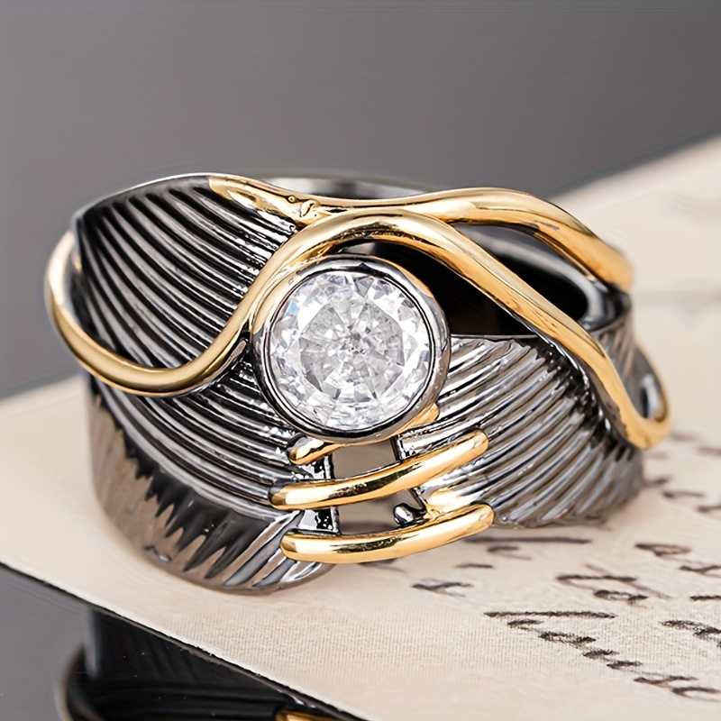 Image of Creative Golden Strap Design 2 Tone Rings Fashion Synthetic Zirconia Wide Rings For Women Men Daily Party Fashion Ring Jewelry