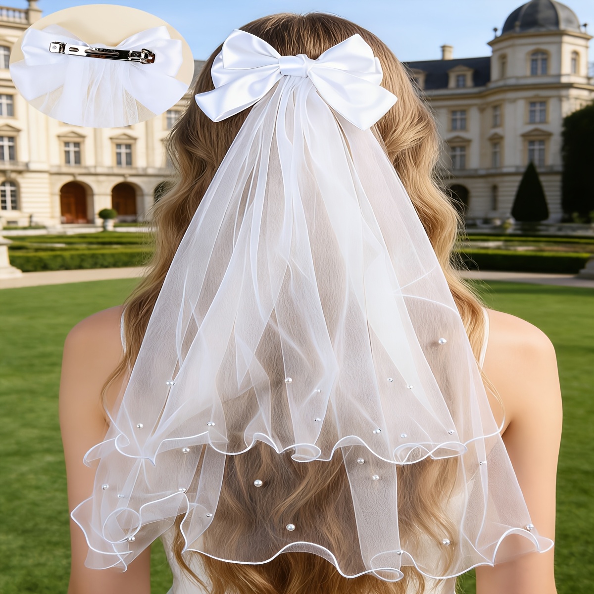 Elegant White Bridal Veil - Classic Wedding Hair Accessory YAEISM Bridal Veil White Satin Bowknot Bachelorette Veil  main image 4