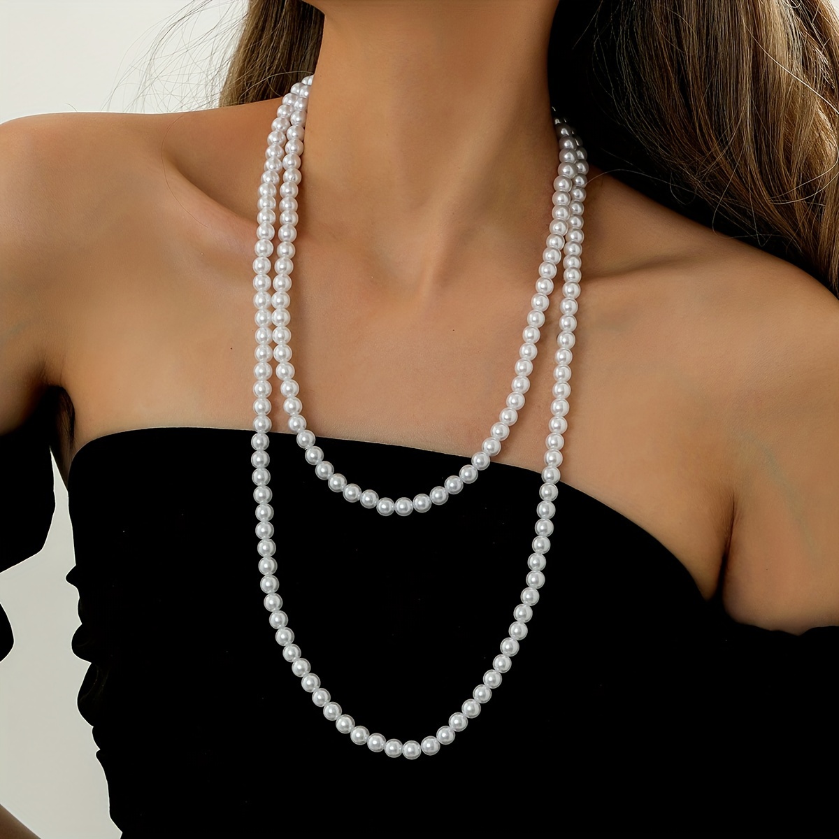 

Elegant Y-neck Multi-layered Faux Pearl Bead Necklace For Women, Sexy French-inspired Long Strand Jewelry, Versatile For Mardi Gras, Parties, And Gifts - No Mosaic, Sophisticated Plating