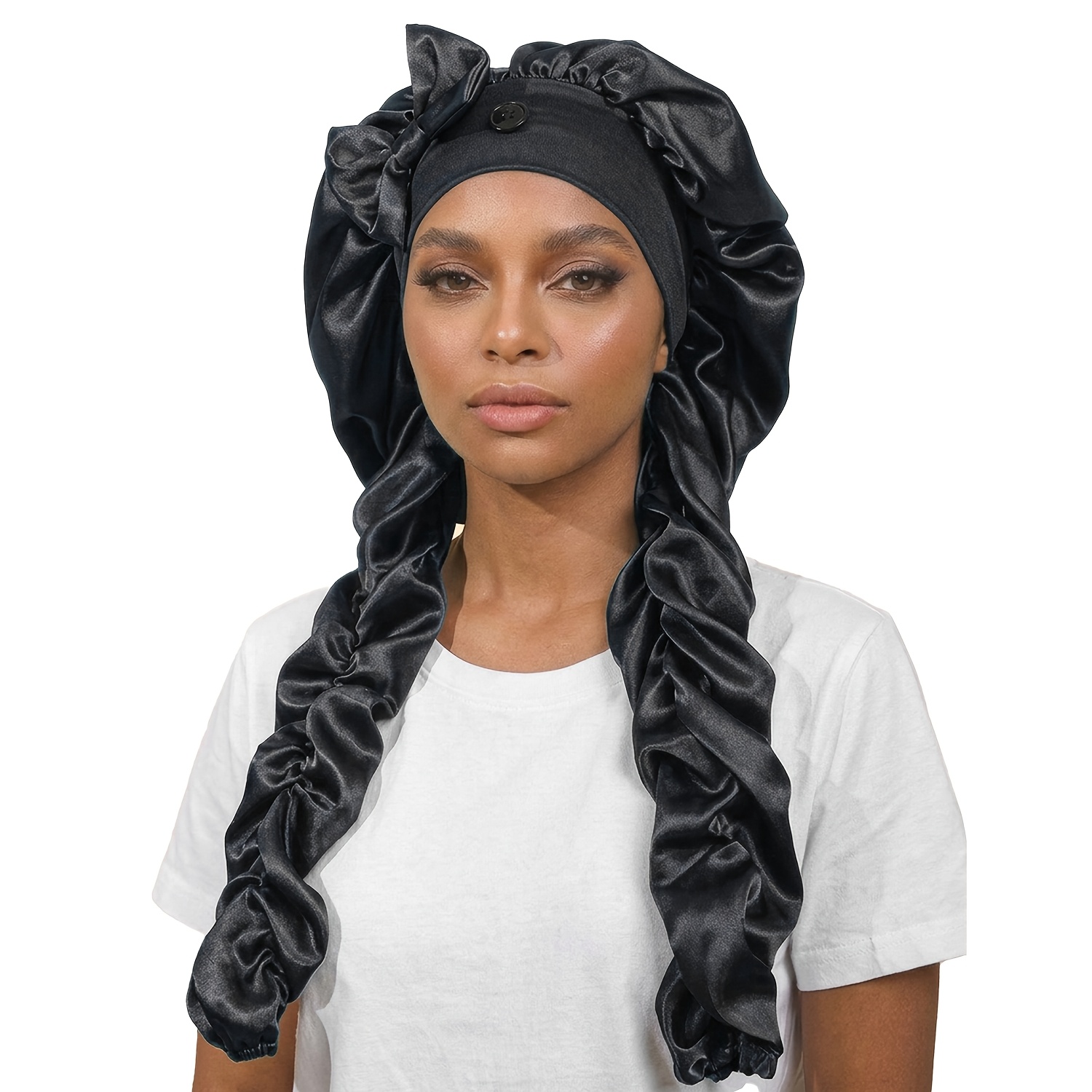 TEMU Satin Hairs Bonnet With Bow Knot And Long Braided Tails, Button-fixed Hair Care Cap, Wrap For Curly Hair, Protection Bonnet For Women