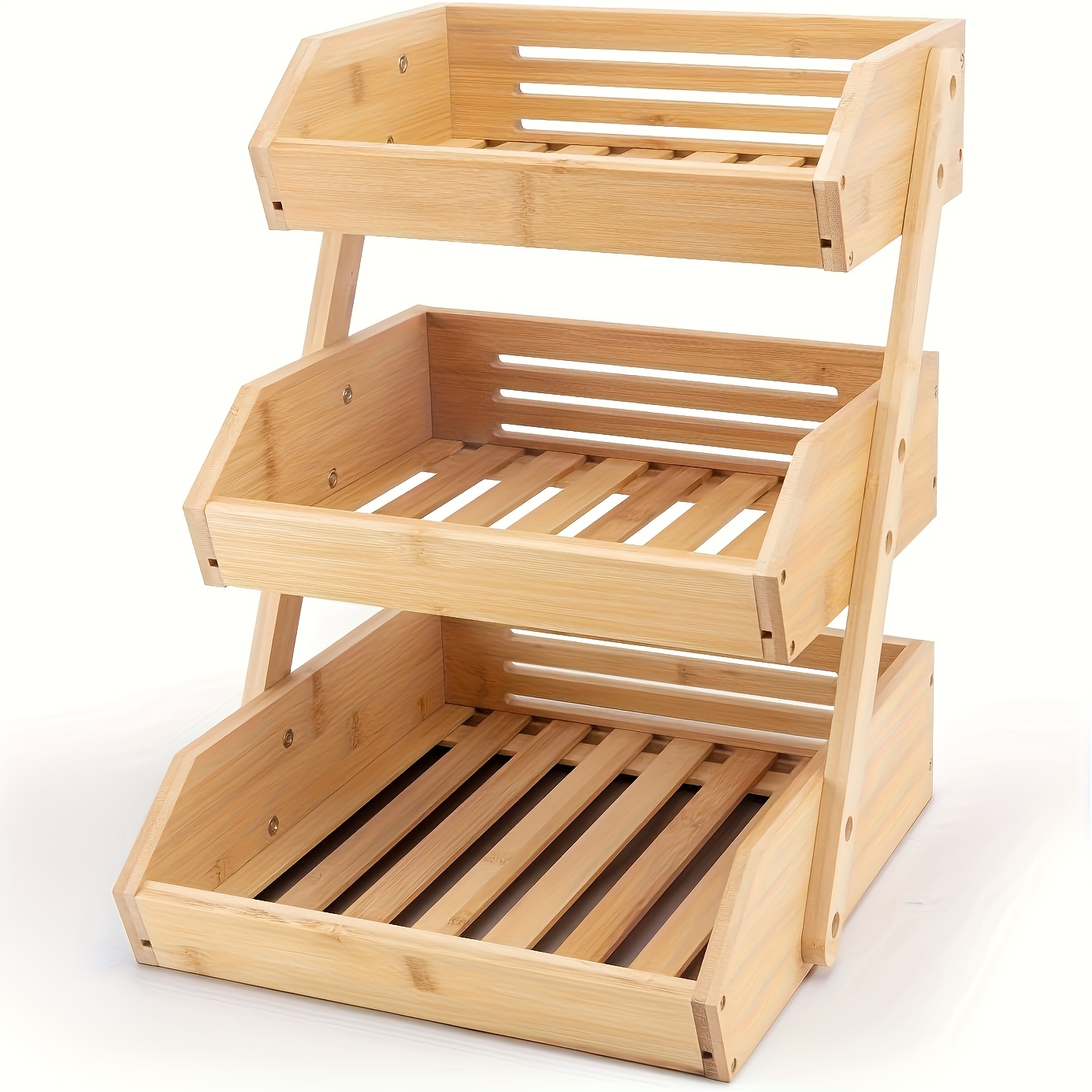 TEMU Three-tier Or Double-tier Wooden Fruit Basket Rack - Large Capacity Thickened Countertop Storage Rack, Natural Wood Grain End, Open Slatted