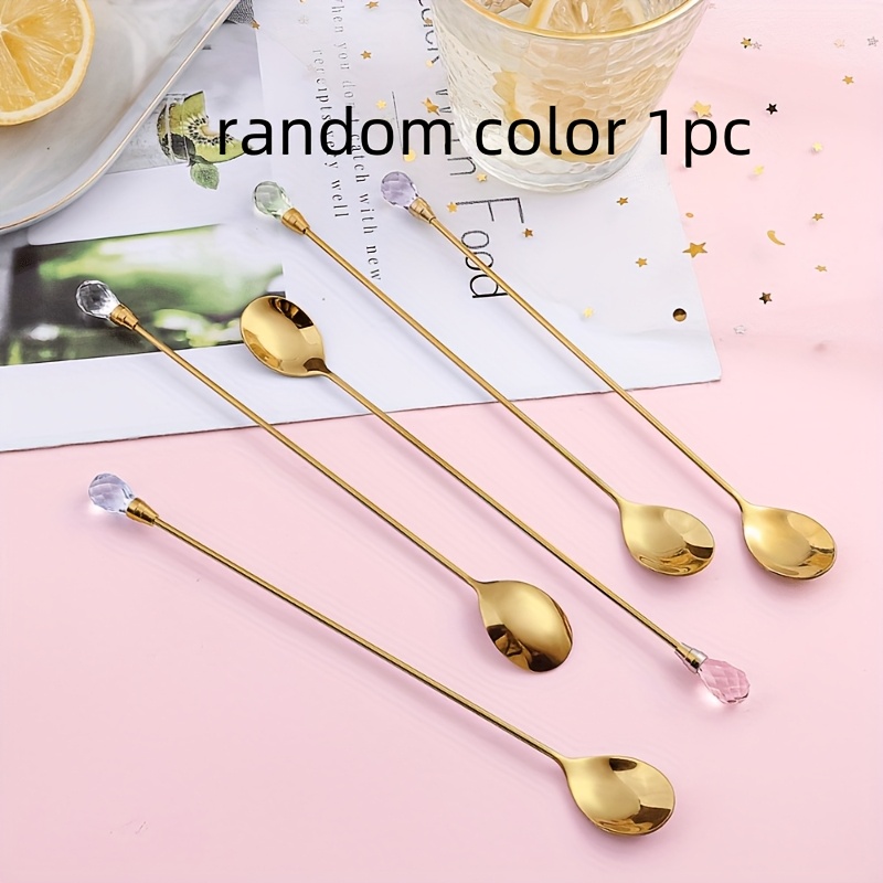 Image of Random Color1pcs Creative Stainless Steel Spoon, Long Handle Stirring Spoon, Zirconia Inlaid Ice Spoon, Coffee Spoon, Wine Mixing Spoon