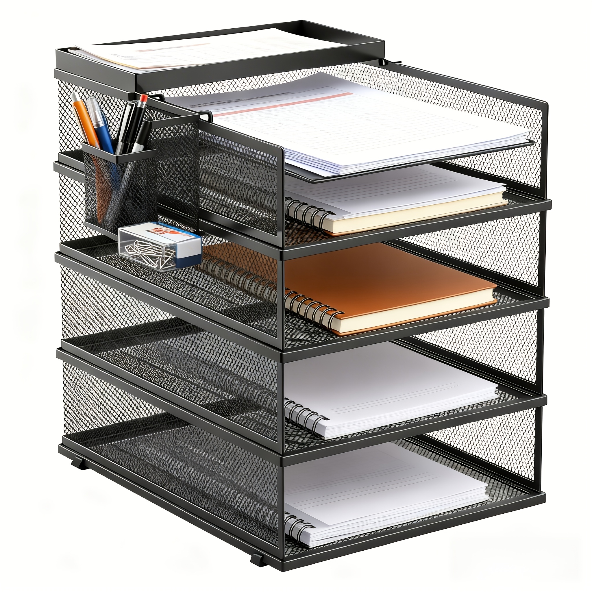 E-shop 5-stufige stapelbare Briefablage, Schreibtisch-Papier-Organizer, Aktenschalen, Schreibtischhalter für Papier, Briefe, Zubehör mit Stiftehalter