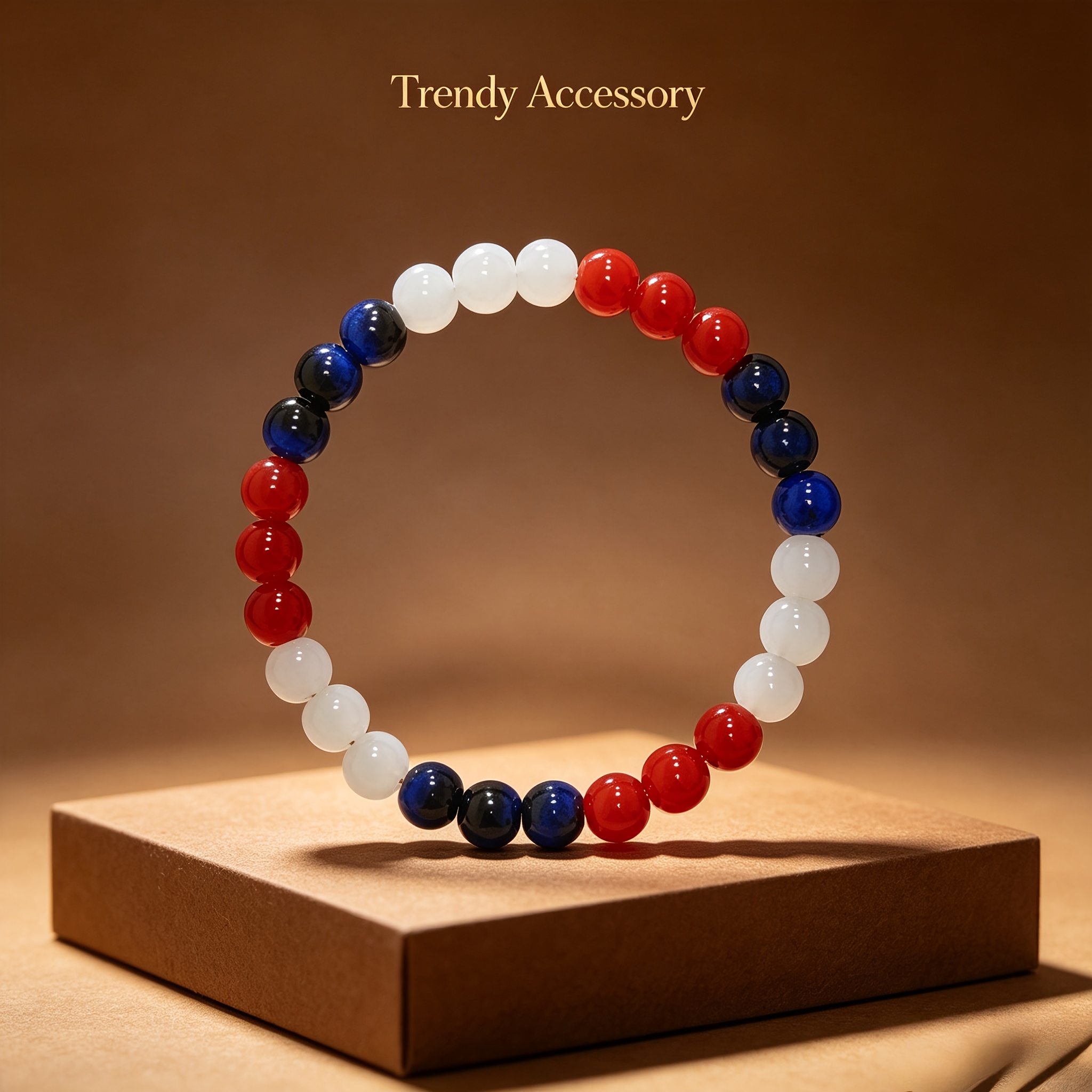TEMU 1pc Red/blue/white Tricolor Stone Bead Bracelet, Featuring An Elegant Vintage Color Scheme. The Beads Are Warm And Textured, With A Comfortable