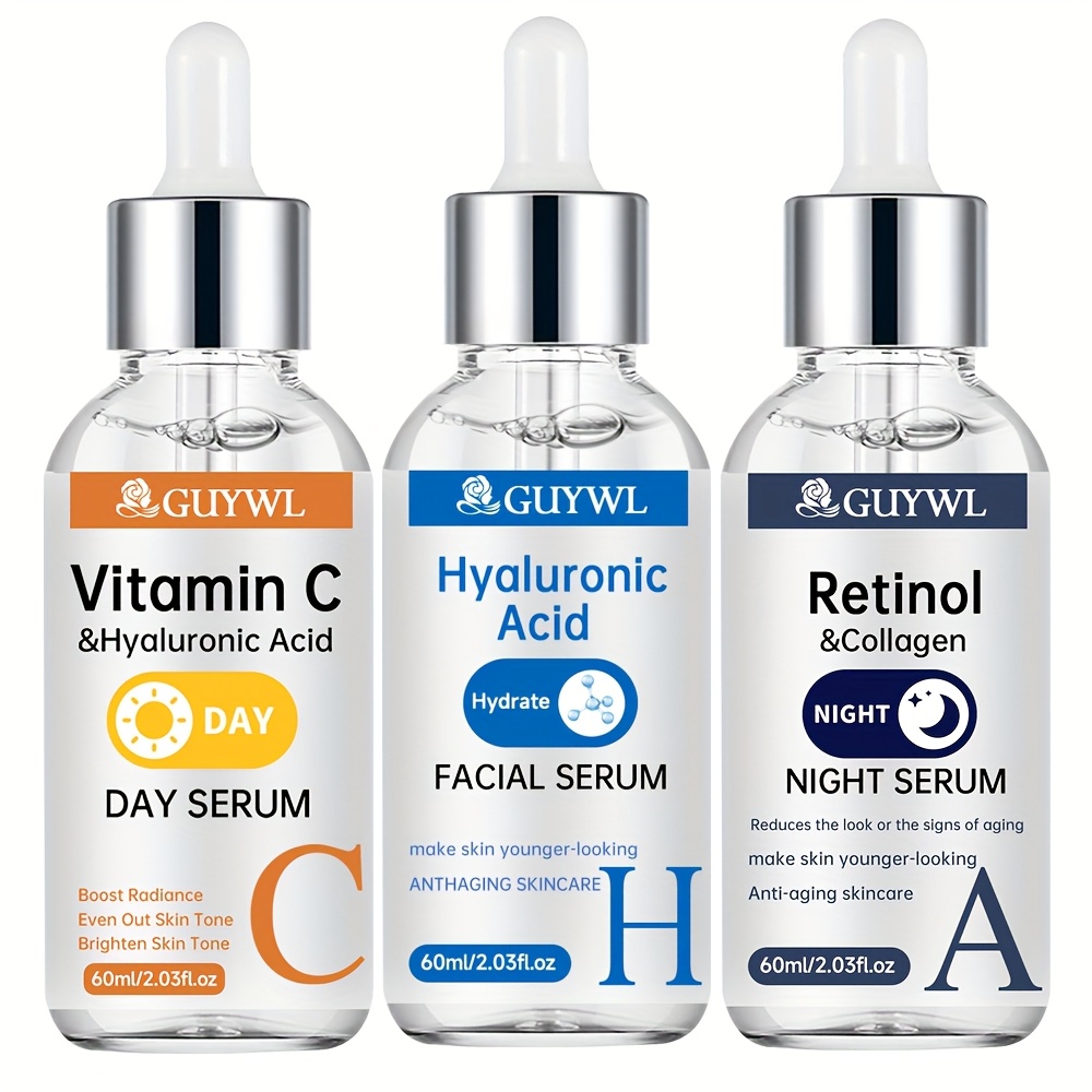 Le coffret 3 pièces de Guywl comprend des sérum de vitamine C, de rétinol et d'acide hyaluronique jour et nuit, associés au collagène, à l'acide tranexamique et à la niacinamide. Il éclaire le teint, raffermit la peau, hydrate en profondeur et uniformise le teint.