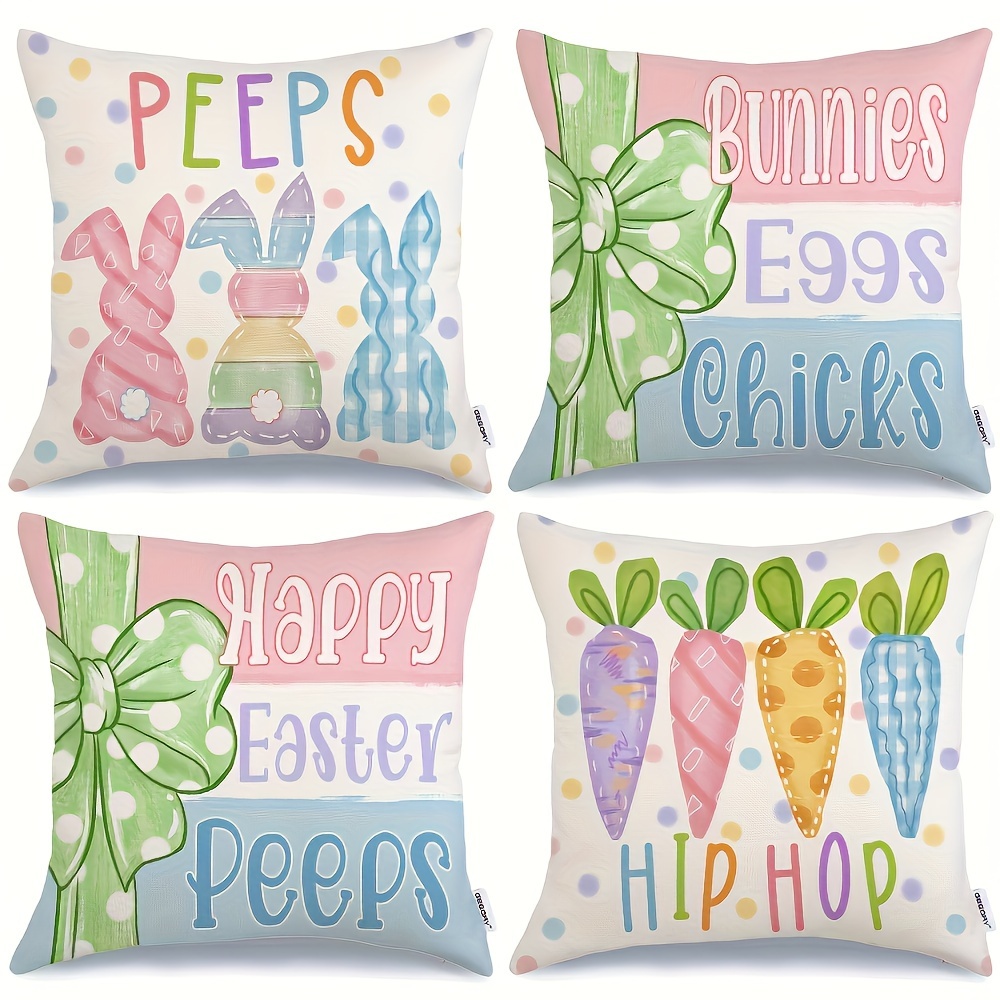 TEMU Easter Bunny Carrots Throw Pillow Covers Set Of 4, Contemporary Geometric Bunny Eggs Chicks Carrots Print, Machine Washable Polyester Decorative