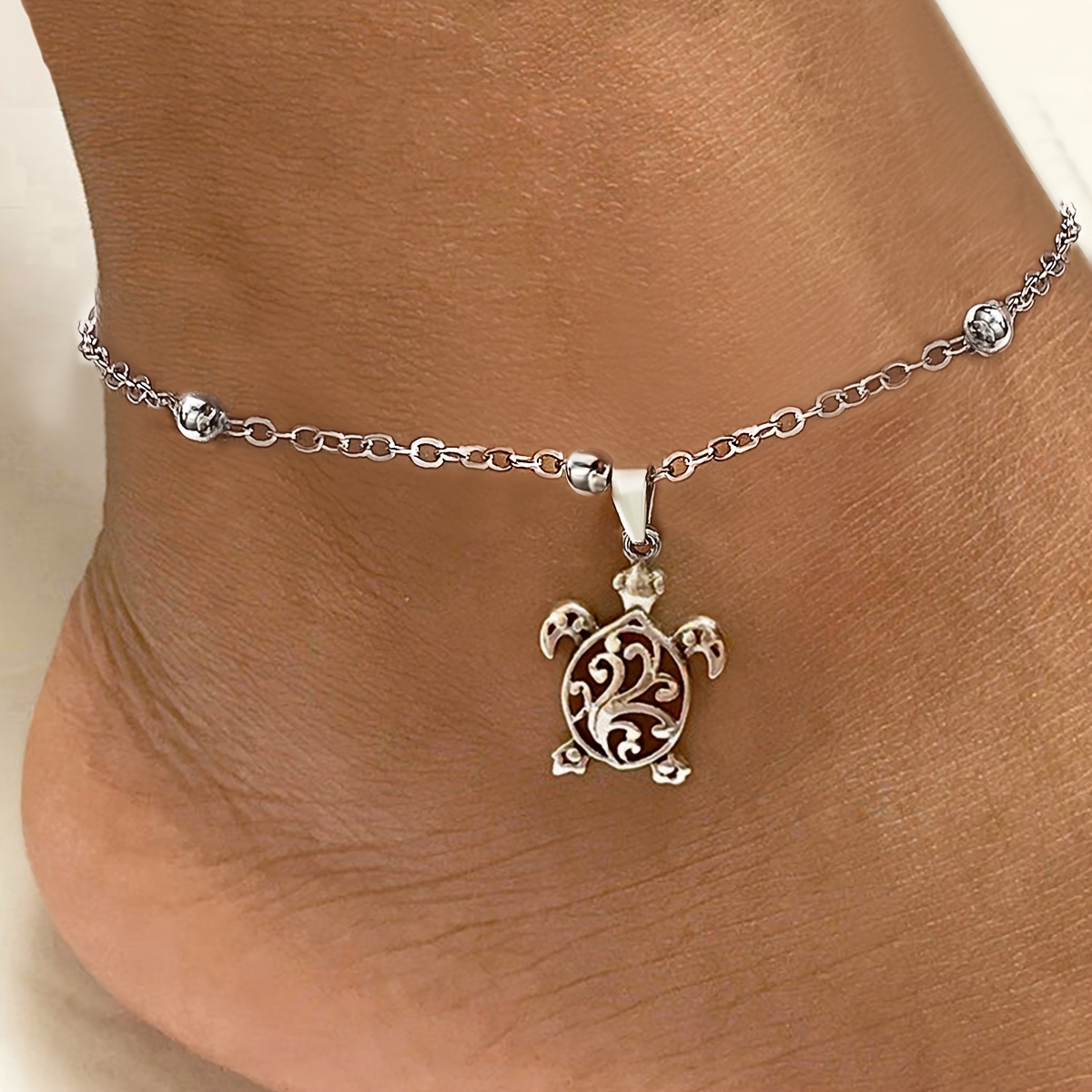 

Bohemian Style Alloy Turtle Charm Anklet For Women, Fashionable Beach Anklet With Round Beads