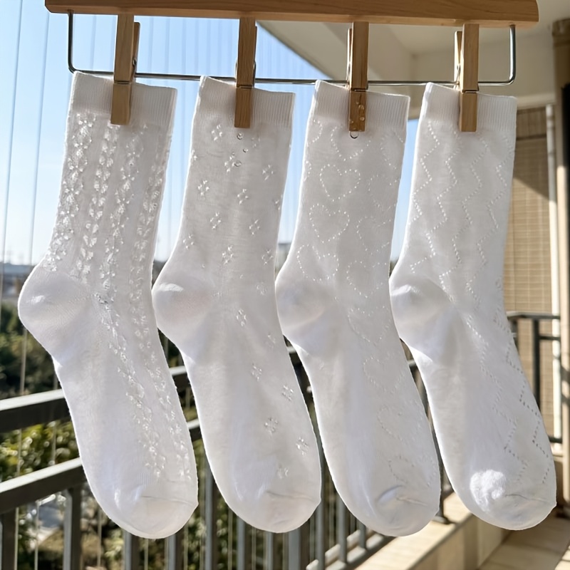 TEMU 4 Pairs, Wave Love Pattern Breathable Women's Medium Tube Socks, Ballet Socks, Spring And Summer Thin Mesh Breathable Stacking Socks Ins