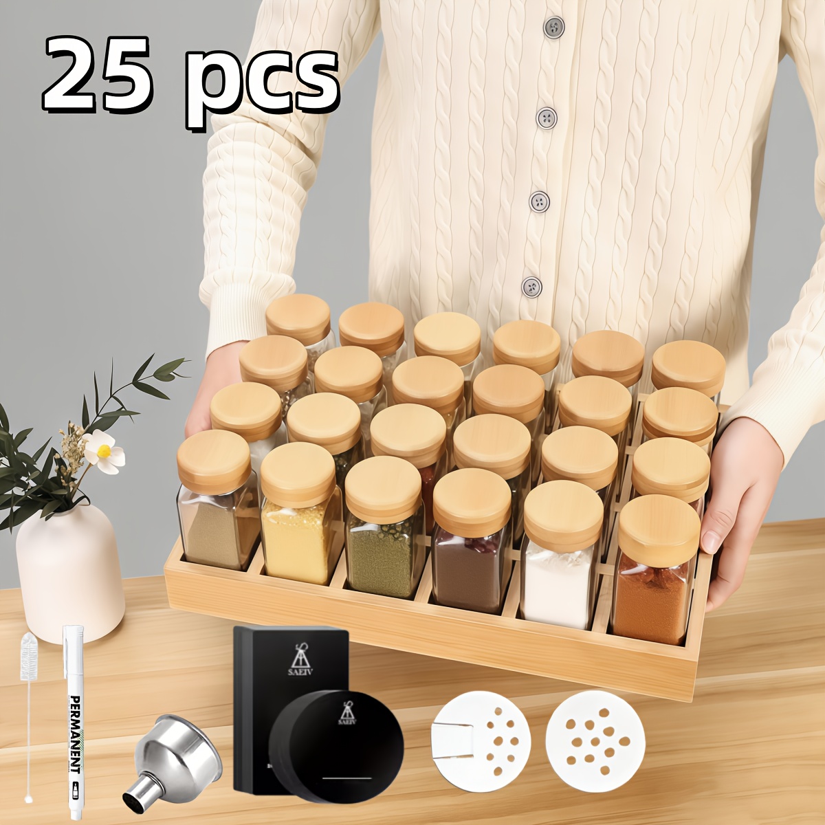 Image of Saeiv 12/24pcs Spice Jar + 1x Tray, Bamboo Wood, 120ml Spice Jar, Spice Jar Drawer Organizer, Spice Rack With Glass Jars