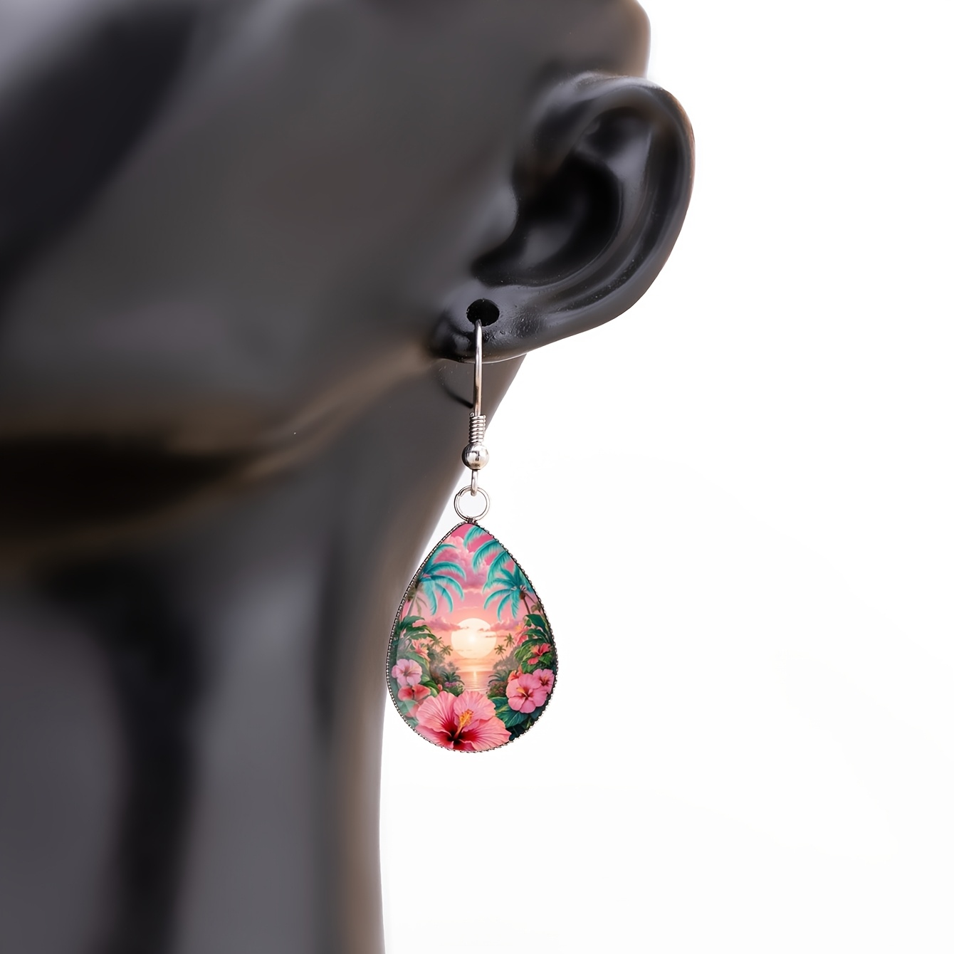 Bohemian Pink Sunset Floral Pattern Earrings, Unisex